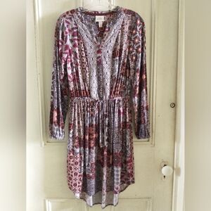 Knox Rose Boho Long Sleeve Midi Dress , HiLo Hem & Draw String Waist Size XS